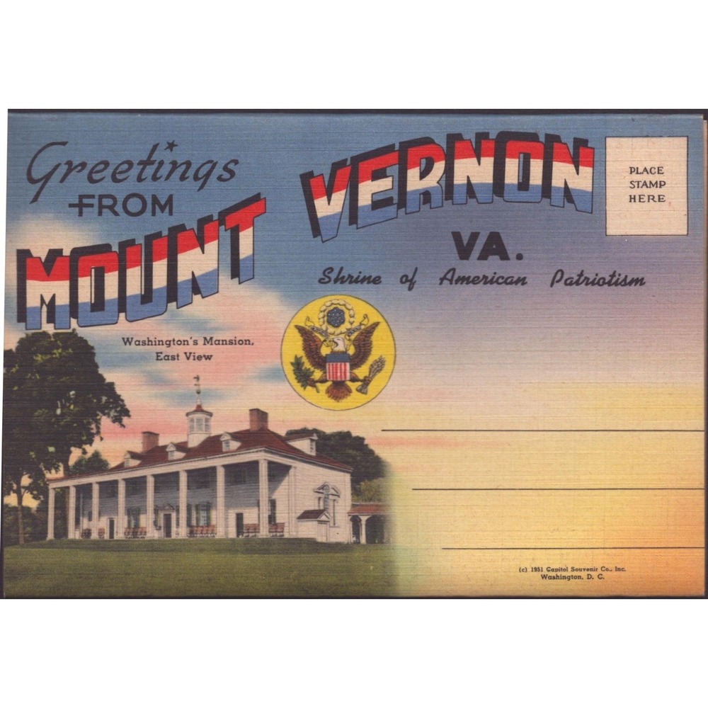 Mount Vernon Virginia VA Washington Mansion 1951 Linen Postcard Capitol Souvenir
